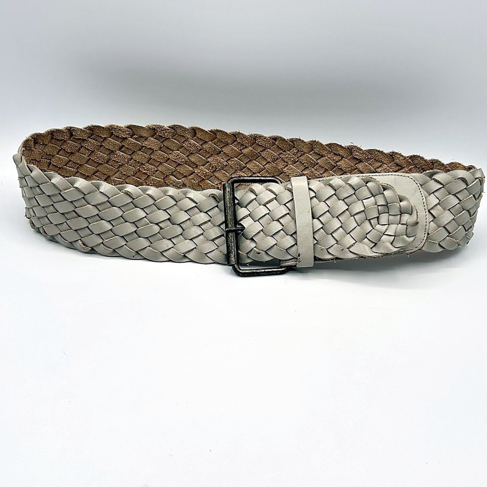 Together Braided Waist Belt Wide Woven Boho Light Gray Leather Tag Size S